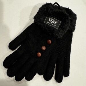 UGG Black Gloves with Faux FurTrim and Button Accents